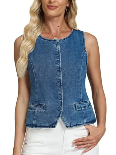D-Sun Women Denim Vest Sleeveless Crew Neck Button Down Jean Vest Tank Tops Trendy Casual Jean Jacket Waistcoat | Amazon (US)