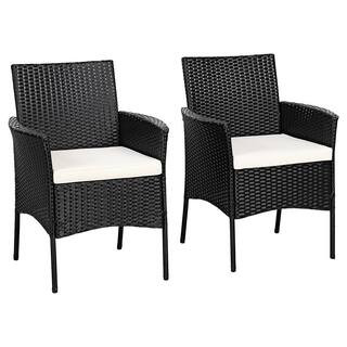 Alpulon Black Wicker Outdoor Patio Dining Chair with White Cushions (Set of 2) ZY1C0148 - The Hom... | The Home Depot