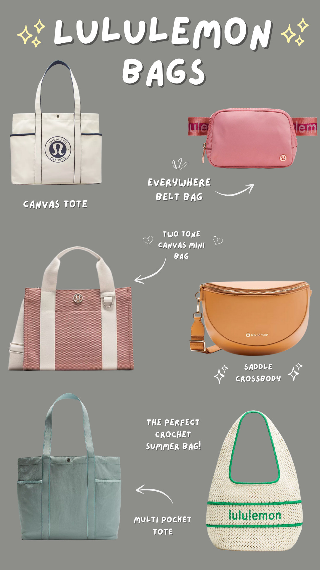 Lululemon current Bag Faves! So many great totes for the spring to summer transition. xo 

lululemon belt bag, everywhere belt bag, trending belt bag, lululemon crossbody, fashion crossbody bag, lululemon mini bag, on-the-go bag, lululemon tote bag, gym tote, chic tote bag, everyday carryall, lululemon backpack, stylish gym backpack, commuter backpack, travel backpack, hands-free bag, lululemon shoulder bag, sling bag, minimalist bag, viral lululemon bag, cute gym bag 

 #LTKGiftGuide #LTKTravel #LTKItBag