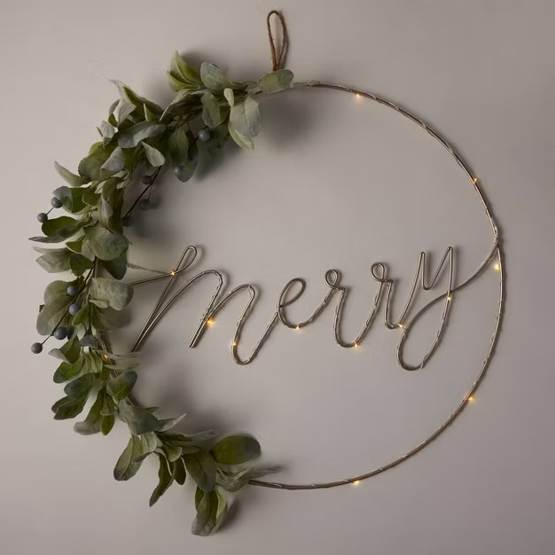 20" Lit 'Merry' Hoop with Faux Greenery Decorative Wreath Gold - Wondershop™ | Target
