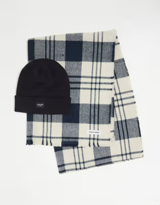 Jack & Jones check scarf & beanie gift box set in cream & blue | ASOS (Global)
