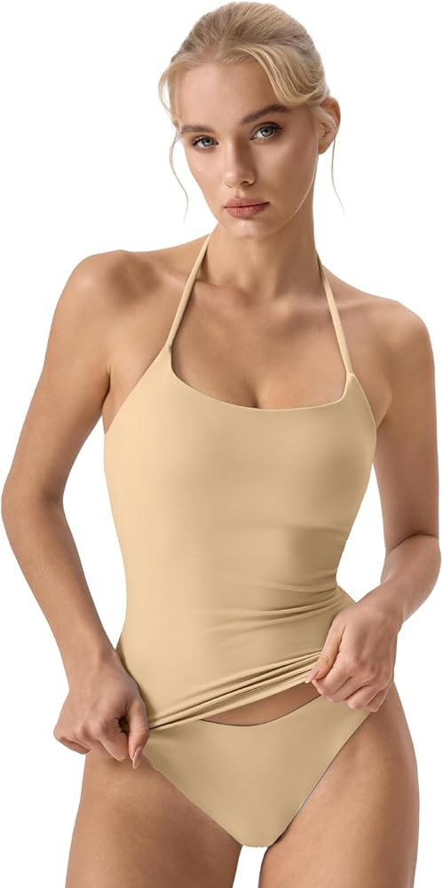 QINSEN Self Tie Halter Neck Basic Shirts for Womens Double Lined Slimming Fit Going Out Sleeveles... | Amazon (US)
