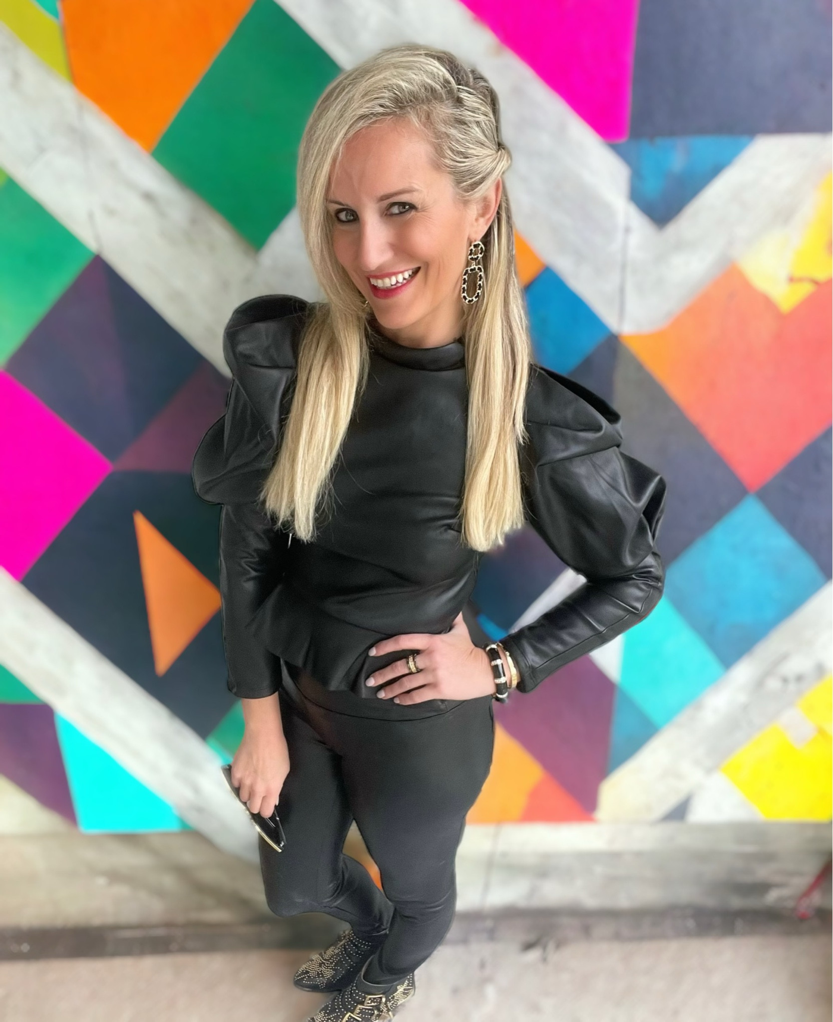 Peplum vegan leather top and my fav Chloe studded boots with a great dupe!! 