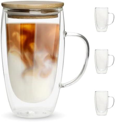 Double Walled Glass Coffee Mugs By Chef"s Unique Insulated Coffee Mugs With Handle And Bamboo Lid... | Amazon (US)