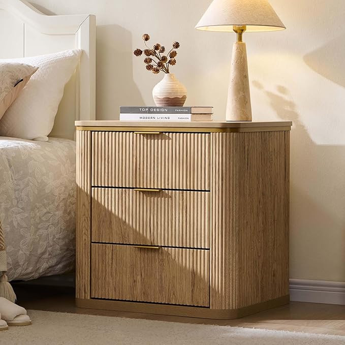 T4TREAM 24" Large Mid Century Modern Fluted Nightstand with 3 Drawers, End Table, Bedside Table f... | Amazon (US)