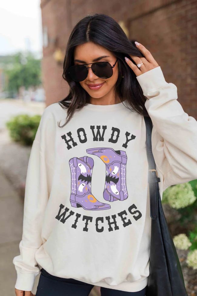 Howdy Witches Cream Oversized Graphic Sweatshirt | Pink Lily