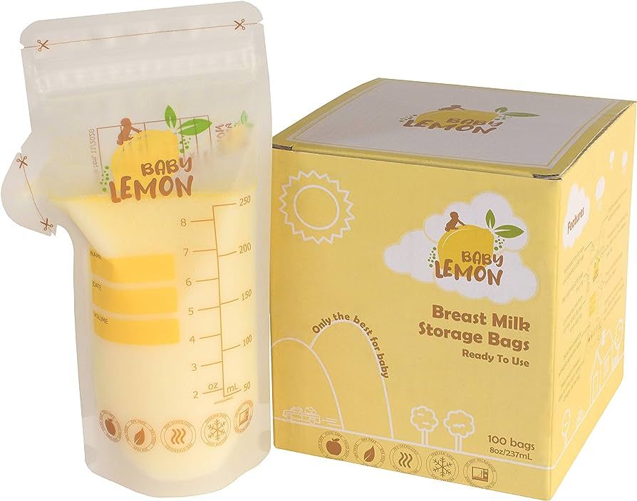 Baby Lemon Breast Milk Storage Bags with Spout - 8 oz, 100 Bags, Extra Thick, Leak Proof, Pre-ste... | Amazon (US)