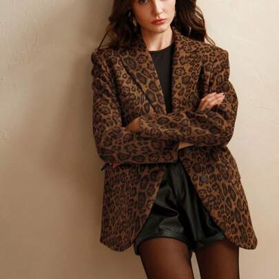 Autumn New Elegant & Chic Leopard Print Flocked Oversized Blazer Jacket, Waisted Loose Versatile | SHEIN