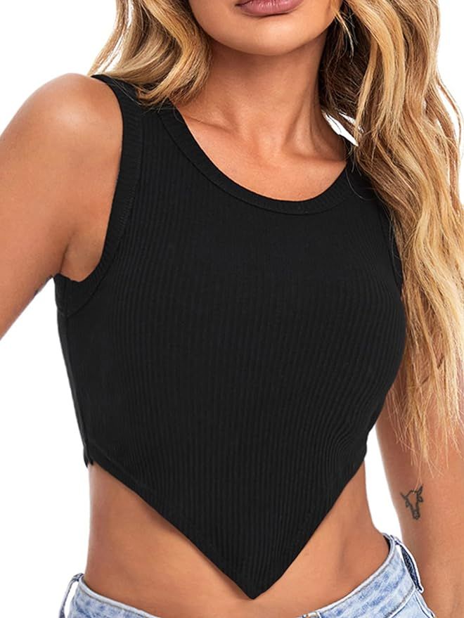 Verdusa Women's Asymmetrical Hem Sleeveless Ribbed Knit Summer Crop Tank Top | Amazon (US)