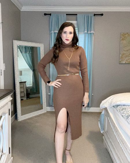 This stunning brown sweater dress is form fitting with a perfect side slit. Fits TTS, great quality and easy to dress up or down. For reference I’m 5’4” and 120ish pounds. I added a gold belt and pumps. 

#LTKstyletip #LTKsalealert #LTKunder50
