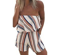 ECOWISH Women Off Shoulder Romper Strapless Floral Print Striped Beach Shorts Jumpsuit | Amazon (US)