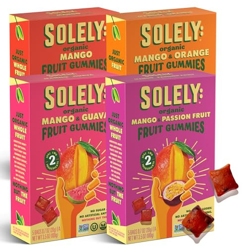 SOLELY - Organic Mango Whole Fruit Gummies Variety Pack (4 Flavors, 5 Bags per Box) - Real Fresh Fruit - Healthy Snacks for Adults & Kids - Non GMO, Vegan Snacks, Shelf Stable - 20 Bags (3.5 oz) | Amazon (US)