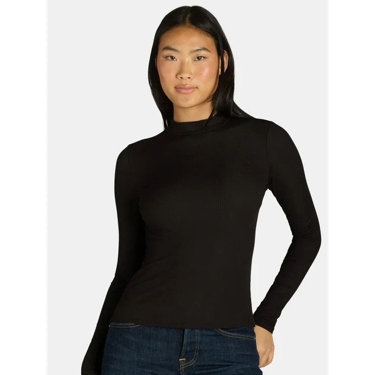 No Boundaries Ribbed Mock Neck Top with Long Sleeves, Women’s and Women’s Plus | Walmart (US)