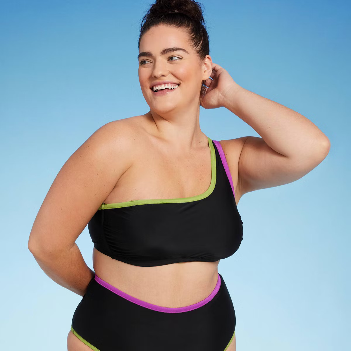 Women's Contrast Binding One Shoulder Bralette Bikini Top - Shade & Shore™ Black 1X | Target