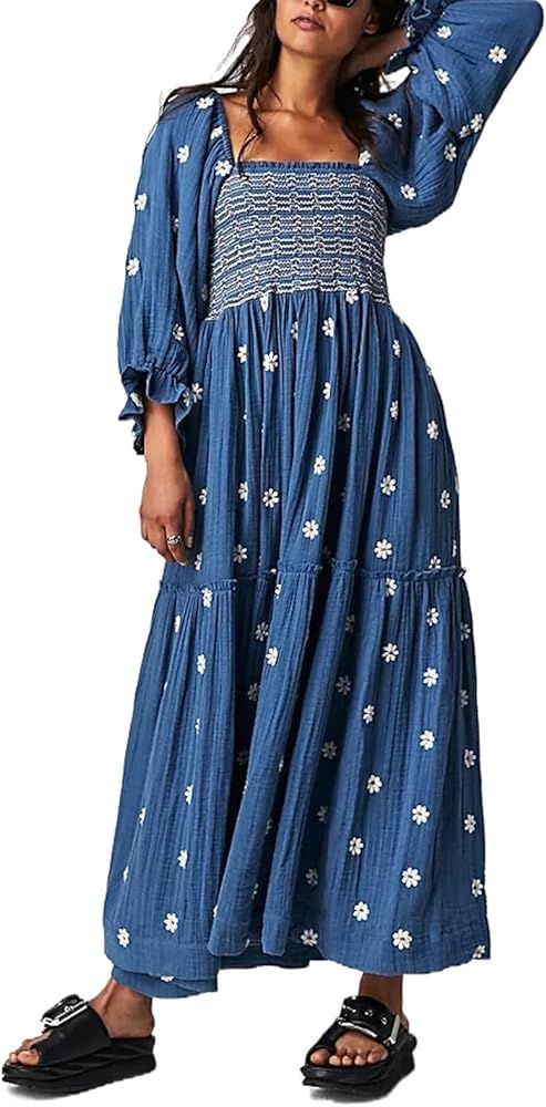 Women's Flower Embroidered Maxi Dress Lantern Sleeve Square Neck Tiered Flowy Spring Fall Dress | Amazon (US)