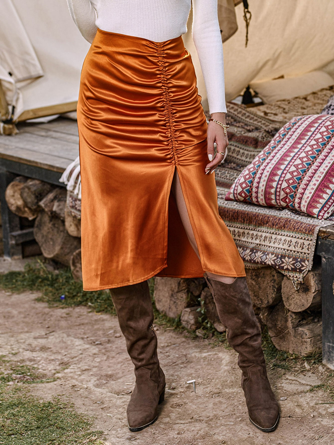 Ruched Split Thigh Satin Skirt | SHEIN