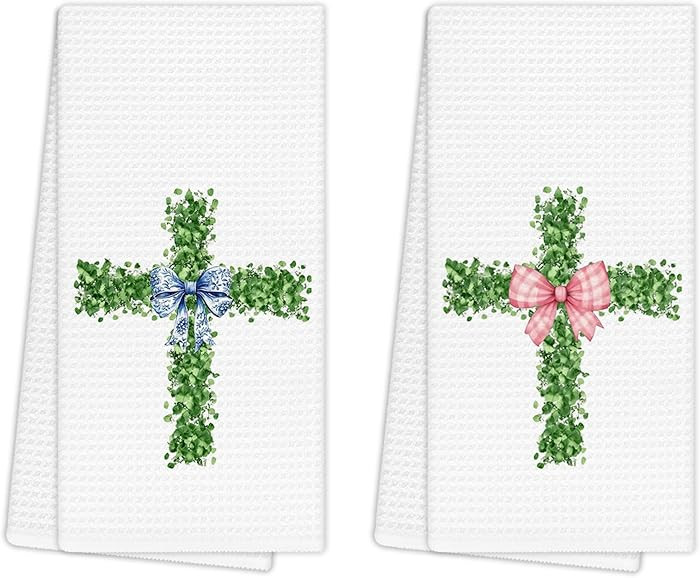 Chinoiserie Easter Christian Cross Kitchen Towels, Preppy Pink Bow Cross Religious Hand Towels fo... | Amazon (US)