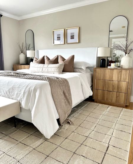 Bedroom refresh, fluted nightstand, upholstered bed, neutral rug, arch mirror, black lamps, neutral bedding, gold gallery frames, bedroom inspo 

#LTKSaleAlert #LTKStyleTip #LTKHome