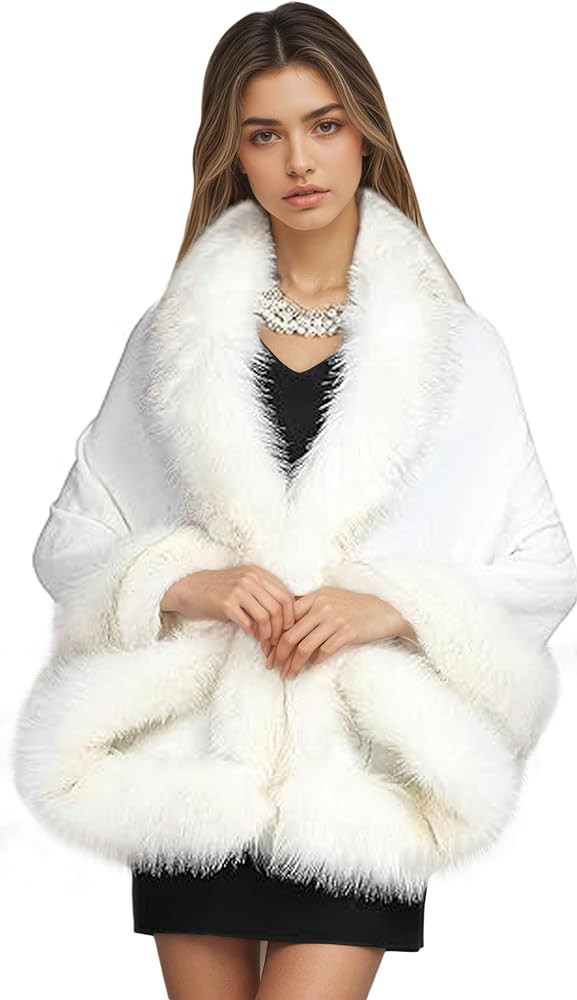 ELFJOY Bridal Faux Fur Shawl and Wraps for Weddings Faux Fur Coat Women Luxury Evening Dresses Fl... | Amazon (US)