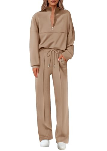 Lazysmile 2 Piece Sets For Women Lapel Half Zip Sweatshirt and Wide Leg Long Pants Sweatsuit Lounge Sets Workout Sets | Amazon (US)