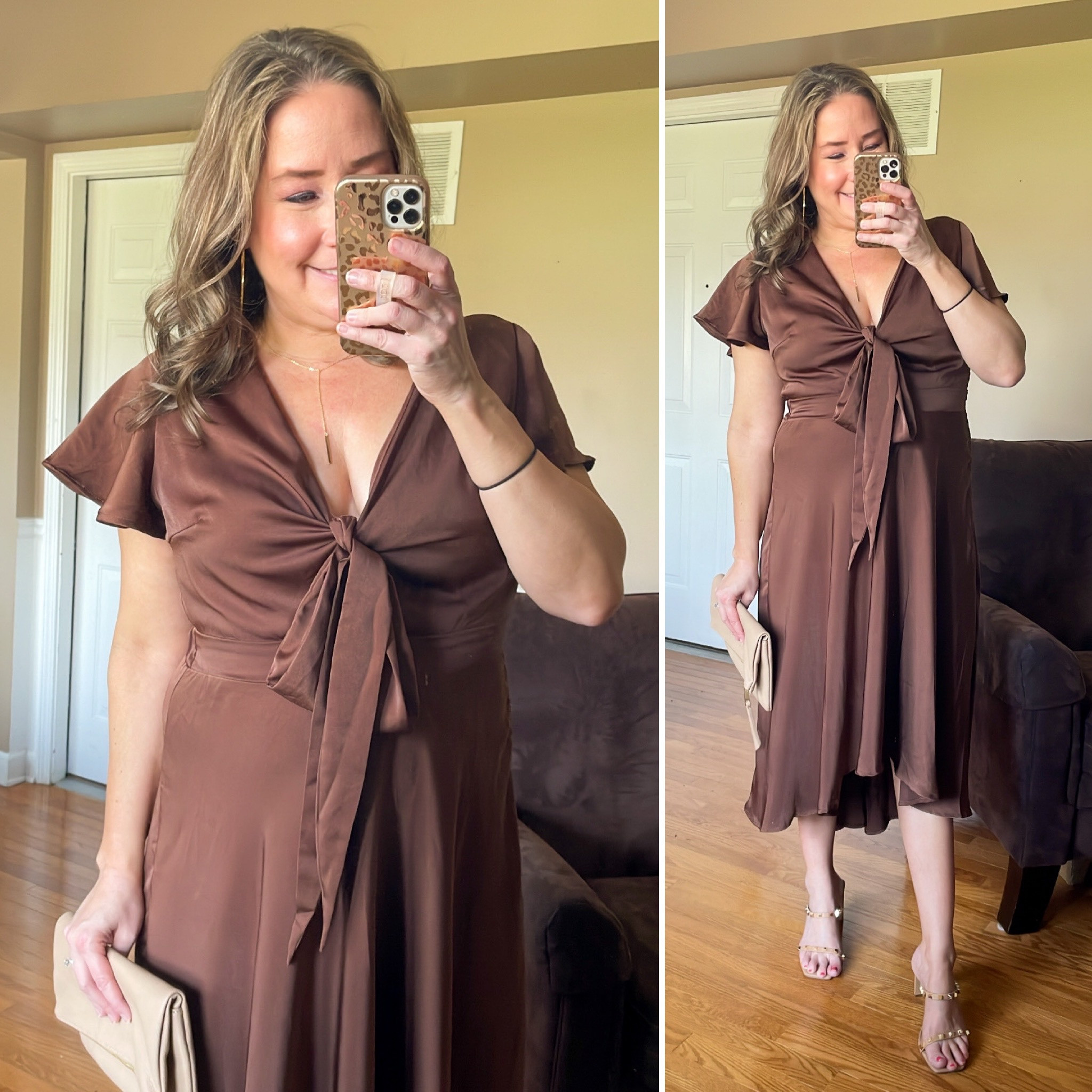 Satin midi tie-front dress from Amazon with clutch and heels from The Drop.

#LTKsalealert #LTKSeasonal #LTKFind