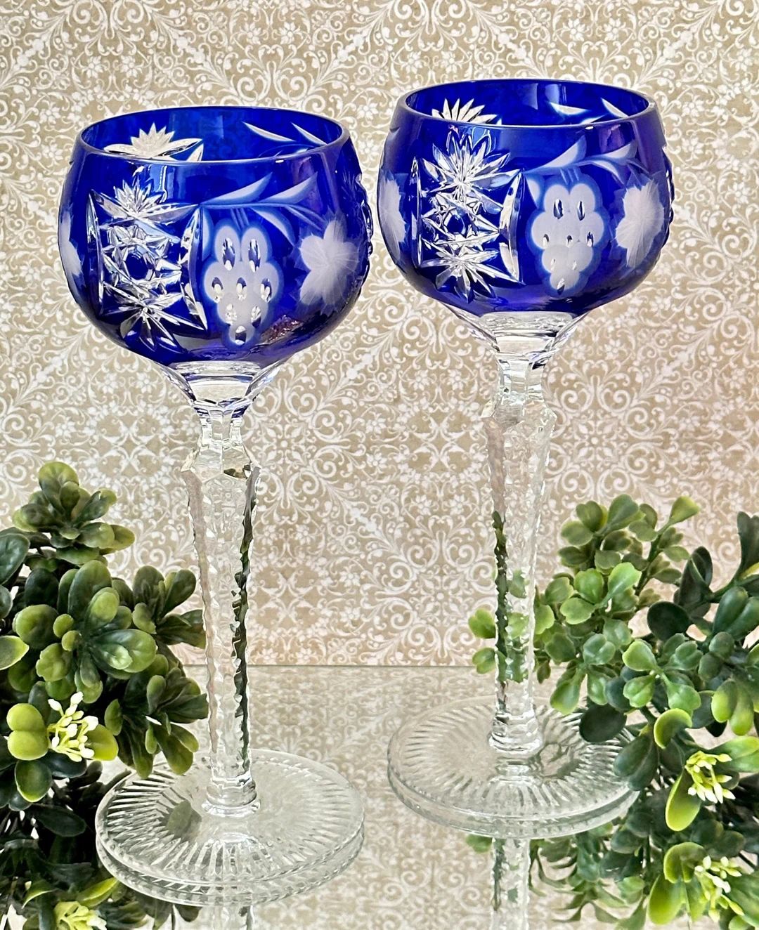 Vintage Cobalt Blue Bohemian Color Cut to Clear Crystal Stemware Set of 2, Blue Crystal Wine Glas... | Etsy (US)