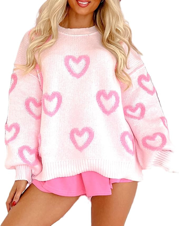 Women Cute Heart Print Sweaters Long Sleeve Valentines Romantic Love Pullover Casual Crew Neck Kn... | Amazon (US)