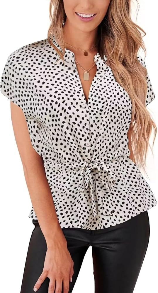 Womens Button Down Blouses Casual Peplum Summer Tops Dressy Chiffon Work Blouse | Amazon (US)
