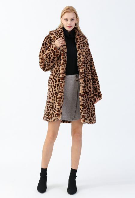 Brown Leopard Faux Fur Longline Coat with Collar | Chicwish