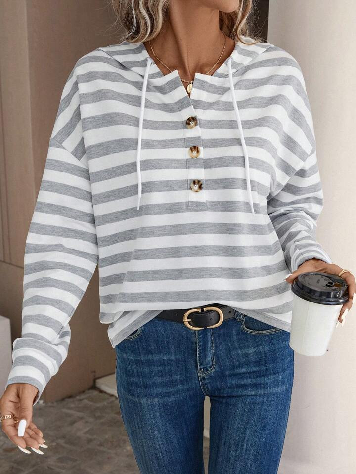 SHEIN LUNE Striped Print Half Button Drop Shoulder Drawstring Hoodie | SHEIN
