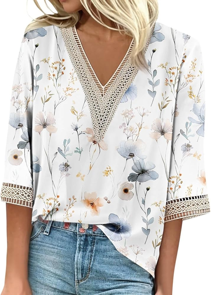 Summer Tops for Women 2024 Beach Vacation 3/4 Sleeve Shirts Lace V Neck Dressy Tops Trendy Vacati... | Amazon (US)