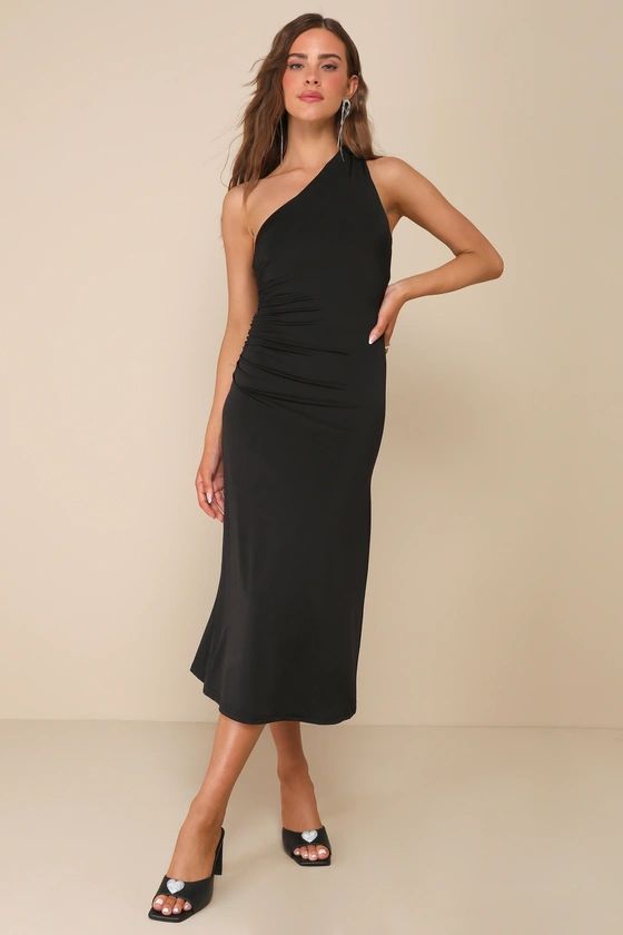 Outstanding Mood Black Slinky Knit One-Shoulder Midi Dress | Lulus