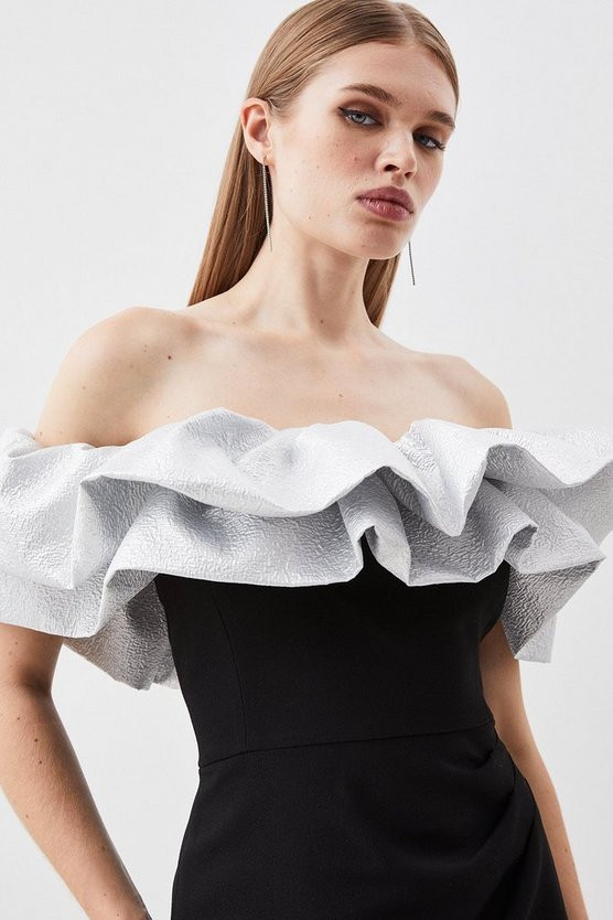 Structured Crepe Jacquard Ruffle Bardot Maxi Dress | Karen Millen UK + IE + DE + NL