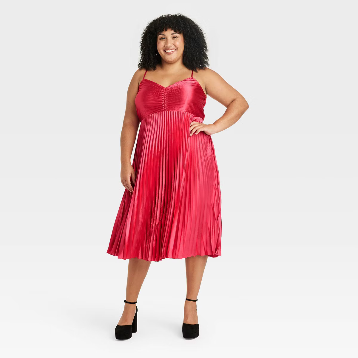 Women's Pleated Satin Midi A-Line Dress - Ava & Viv™ Pink XXL | Target