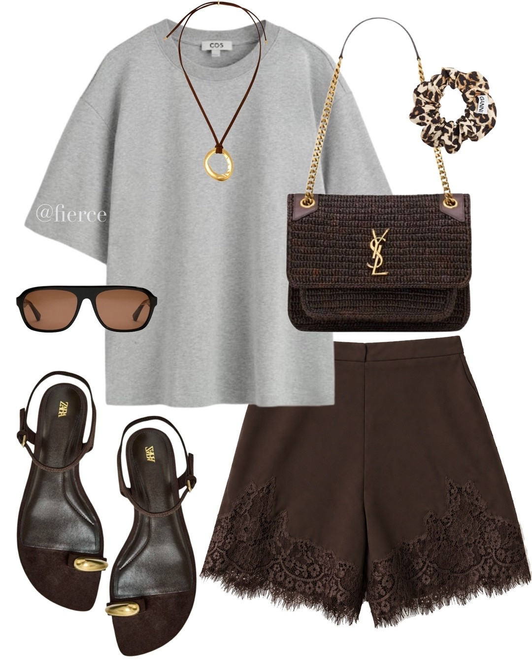 Chocolate brown lace shorts grey tshirt brown gold toe sandals Ysl raffia bag casual weekend chic look 

#LTKuk #LTKspring #LTKsummer