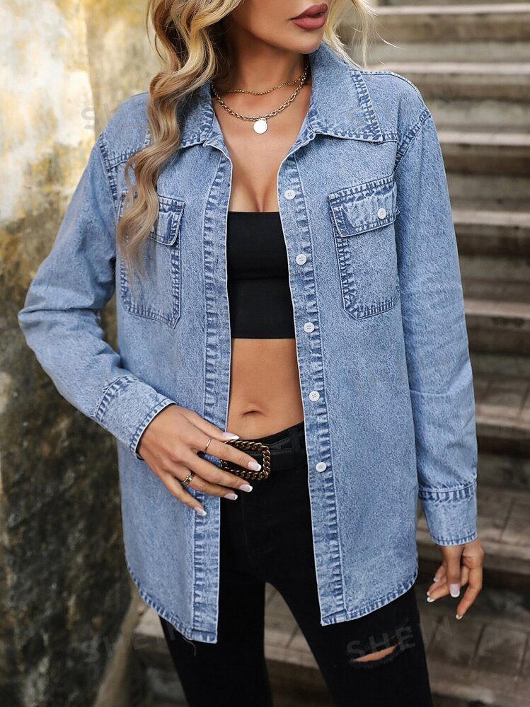 SHEIN Essnce Flap Pocket Denim Shirt | SHEIN