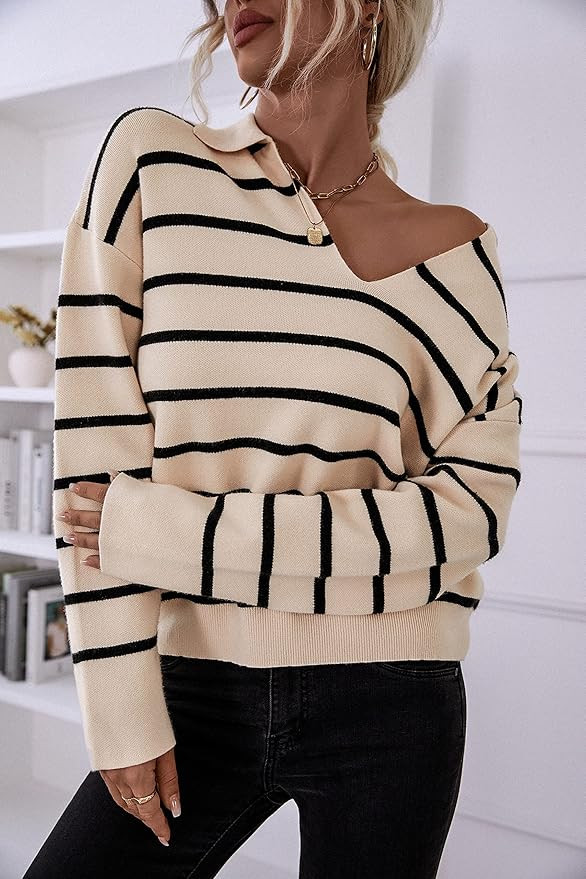 CFLONGE Women's Casual Striped Pullover Sweater Long Sleeve Polo V Neck Lightweight Loose Fit Dro... | Amazon (US)
