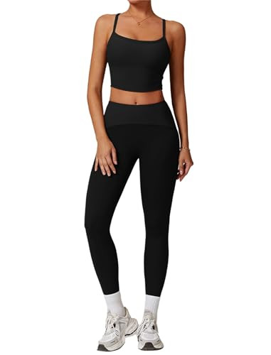 Womens Workout Sets Two Piece Seamless Stretch Cross Back Tank Top Matching Tummy Control High Waist Leggings Set 2 Piece For Women Gym Yoga Active Wear Outfits Athletic Work Out Clothes Black 2 L | Amazon (US)