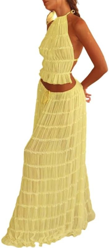 Womens 2 Piece Maxi Skirt Set Lace Up Sleeveless Tank Top and Flowy Long Skirt 2024 Summer Beach ... | Amazon (US)