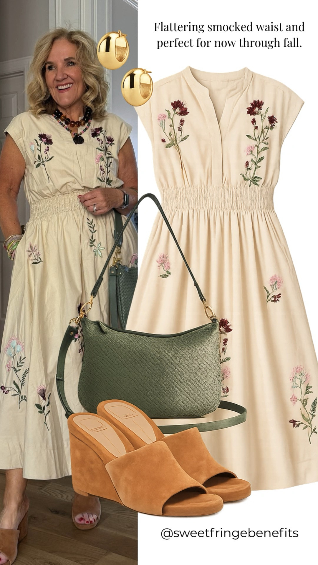This embroidered floral midi dress is such a pretty transition-to-fall piece. The smocked waist gives it a flattering fit, and I paired it with suede wedges, an olive shoulder bag, and gold earrings for an easy polished look.

💡 LTK MADE EASY
❤️ Heart = Support my posts!
🔖 Save = Get sale & restock alerts
📋 Lists = Keep favorites organized
📲 Share = Send lists and products to a friend. Hello, Christmas List!
💬 Comment = Ask me anything about what I’m wearing.:-)

#LTKootd #LTKOver40 #LTKSeasonal