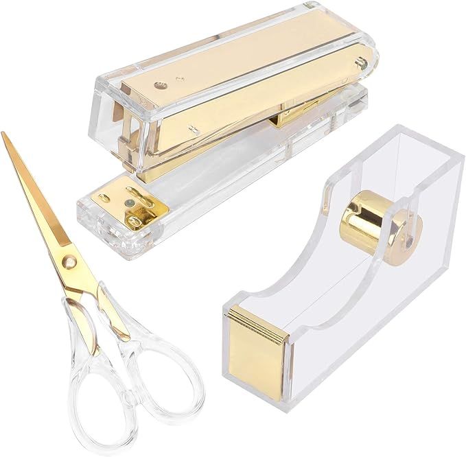 Amazon.com : Stapler and Tape Dispenser Kit Acrylic Desk Organize Accessories Scissors Clear Tape... | Amazon (US)