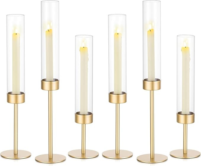 Glass Hurricane Candlestick Holders Gold - Romadedi Set of 6 Taper Candle Holder Bulk Tall Clear ... | Amazon (US)