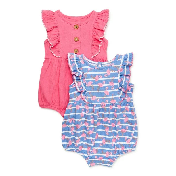 Wonder Nation Baby Girl Ruffled Romper, 2-Pack, Sizes 0M-24M | Walmart (US)