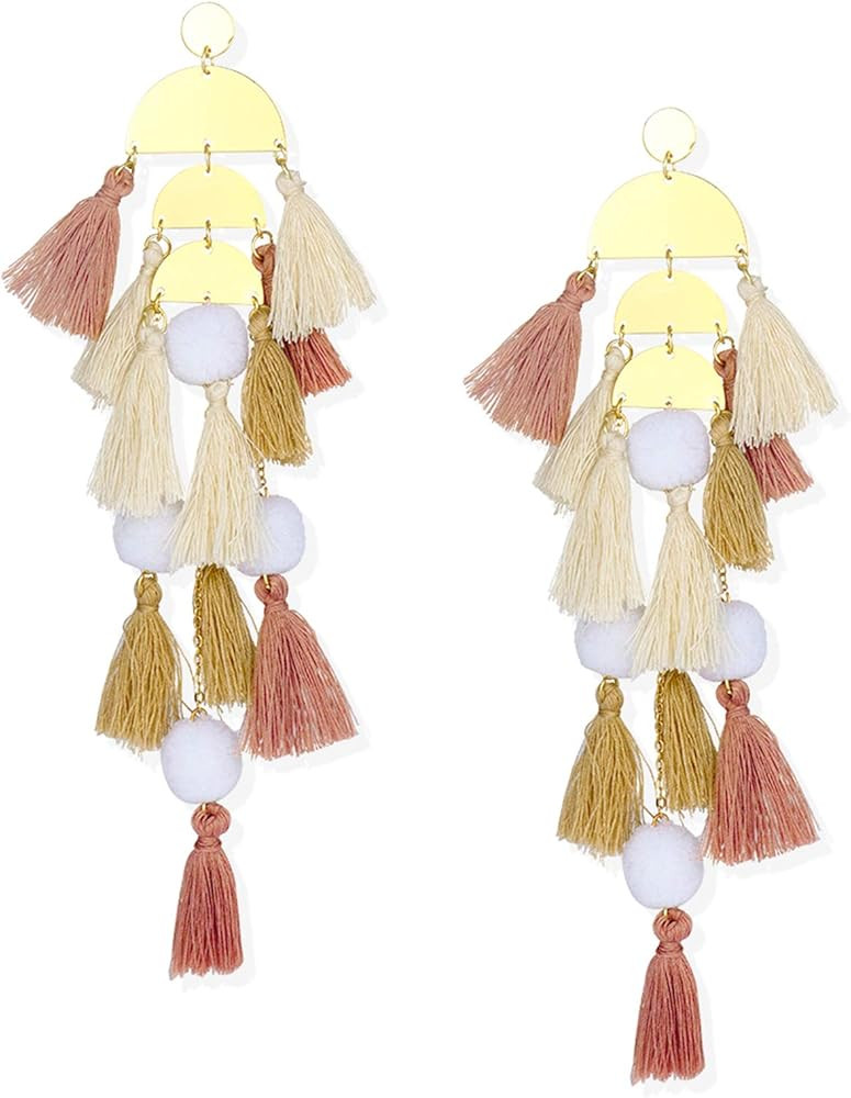 Long Tassel Earrings Statement Bohemian Pom Ball Handmade Drop Dangle Earrings for Women Girls | Amazon (US)