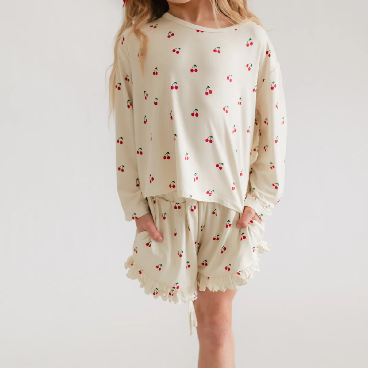 Girl's Long Sleeve and Ruffle Shorts Set in Cream Cherries | Silks Design