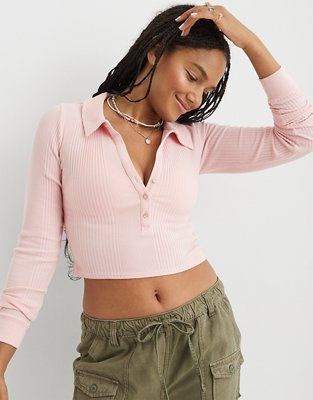 Aerie Long Sleeve Cropped Polo T-Shirt | Aerie