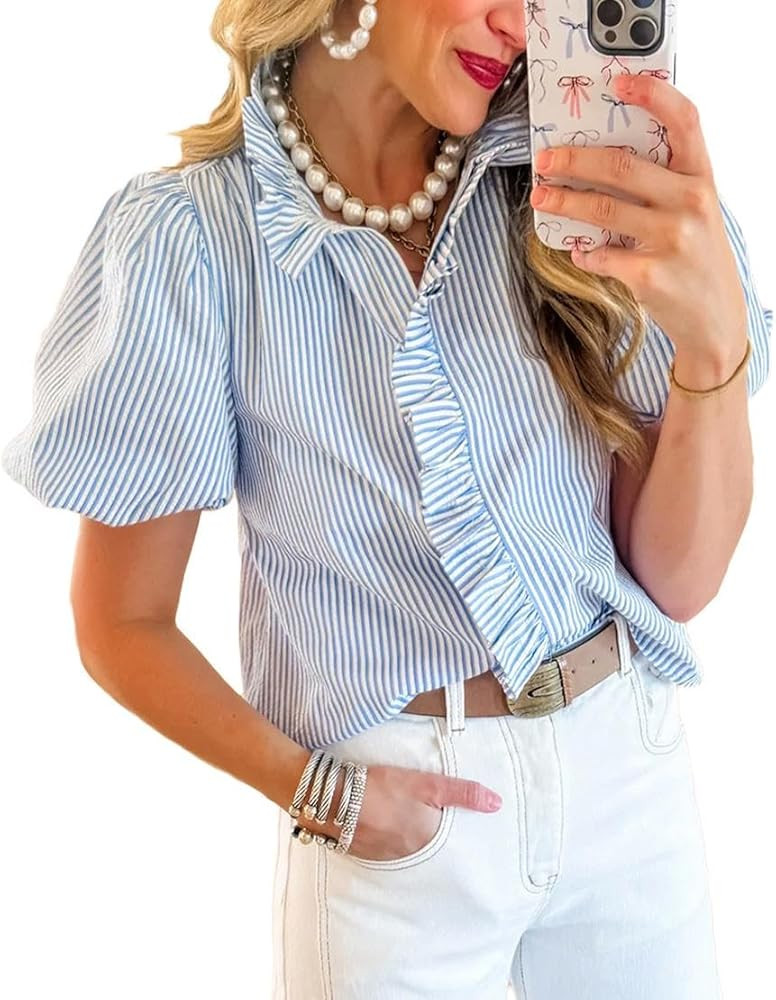 Pinclodly Womens Button Down Shirt Stand Collar Ruffle Top Striped Long Sleeve Shirts Work Tops f... | Amazon (US)