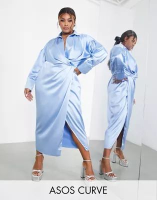 ASOS EDITION Curve split drape satin shirt dress in dusky blue | ASOS (Global)