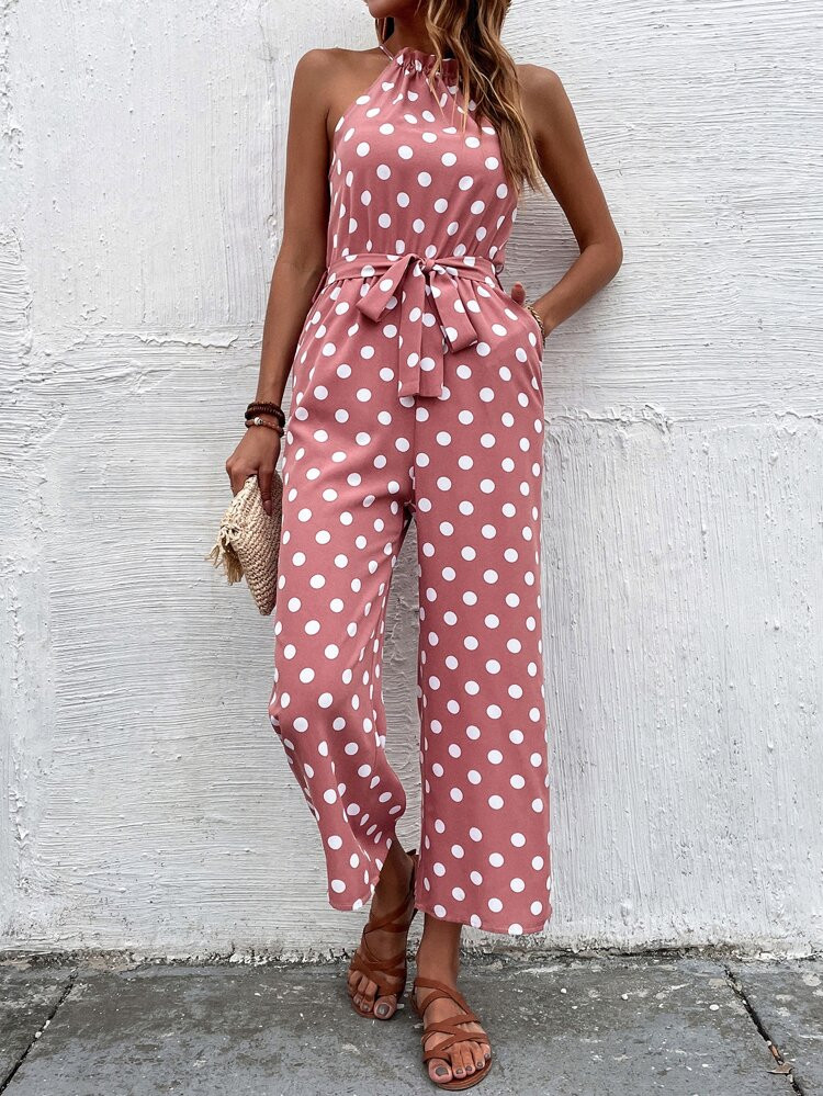 Polka Dot Frilled Halter Neck Belted Jumpsuit | SHEIN