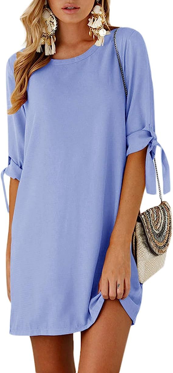 YOINS Summer Dresses for Women Short Sleeves T Shirts Solid Crew Neck Tunics Self-tie Blouses Min... | Amazon (US)